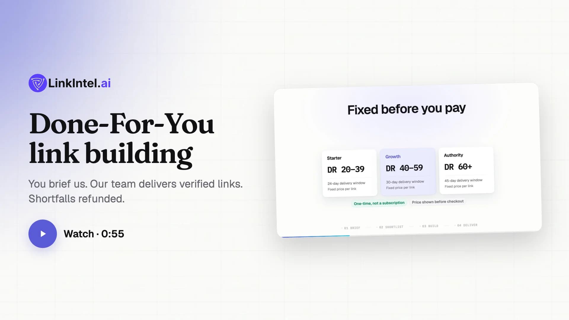 Done-For-You link building — you brief us, our team delivers verified links, shortfalls refunded