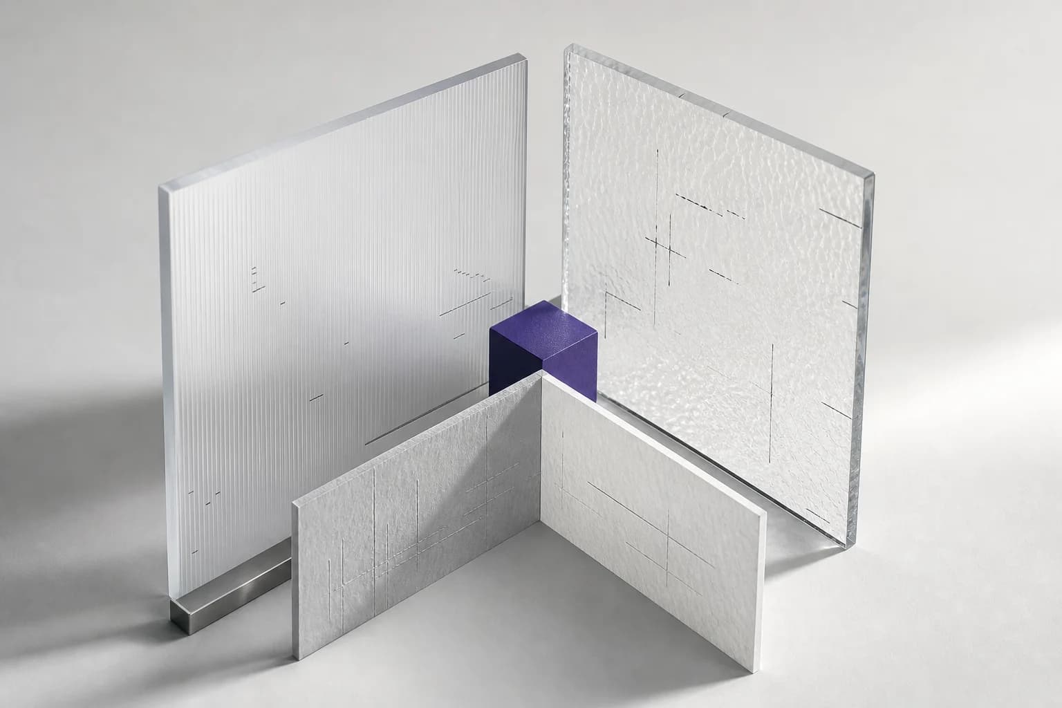 Three distinct material layers converging around one indigo core